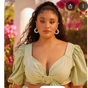 Fashion to Figure Plus Shelley Puff Sleeve Crop‎ Top Sage Green 0 New With Tags